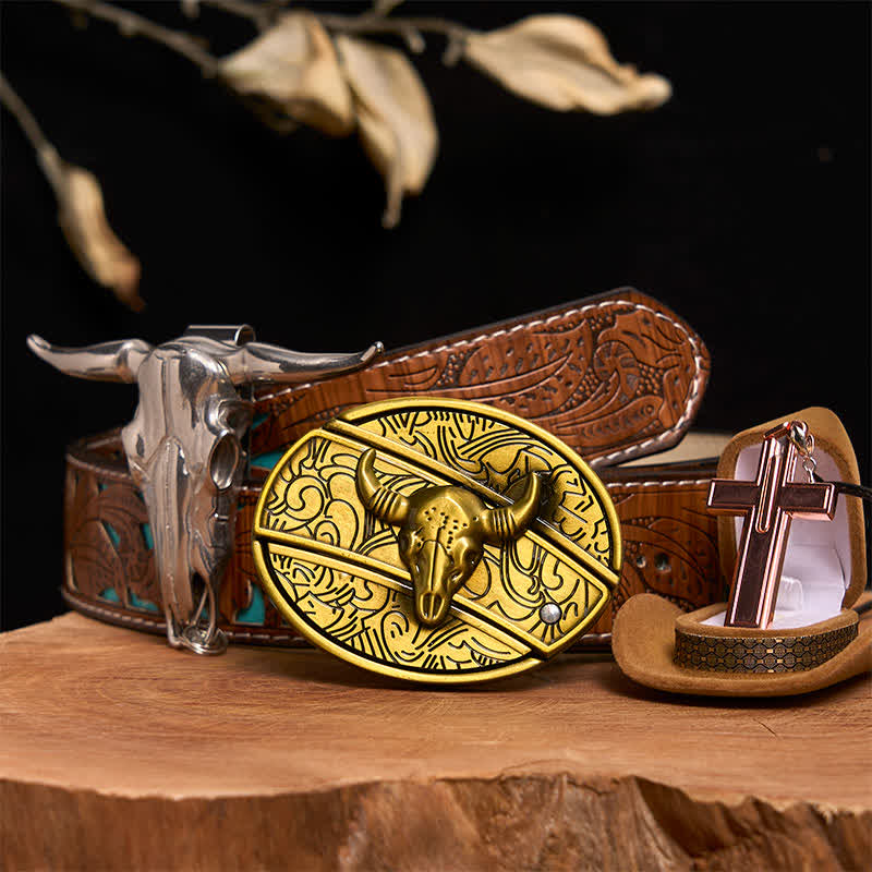 Conjunto de collar y hebilla de cinturón con cruz y cuchillo oculto de bronce de toro - Toro de bronce - Cinturón tallado en turquesa - 42 - image 4