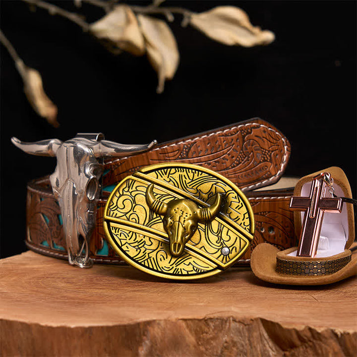 Conjunto de collar y hebilla de cinturón con cruz y cuchillo oculto de bronce de toro - Toro de bronce - Cinturón tallado en turquesa - 42 - image 4