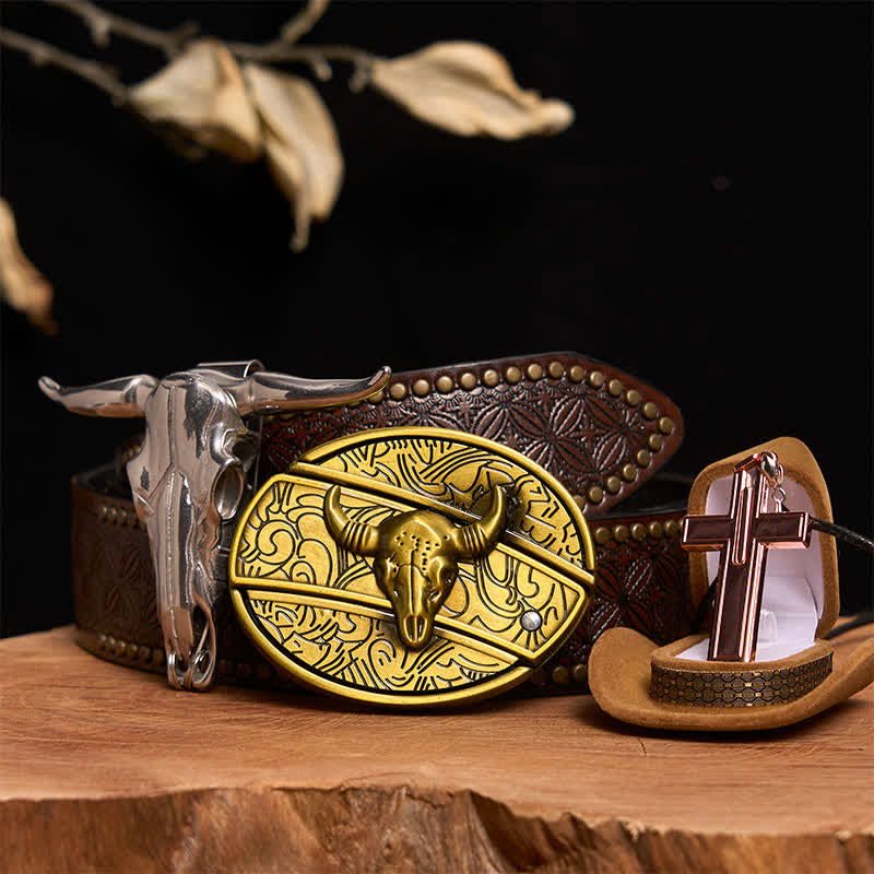 Conjunto de collar y hebilla de cinturón con cruz y cuchillo oculto de bronce de toro - Toro de bronce - Cinturón con remaches marrones - 42 - image 5