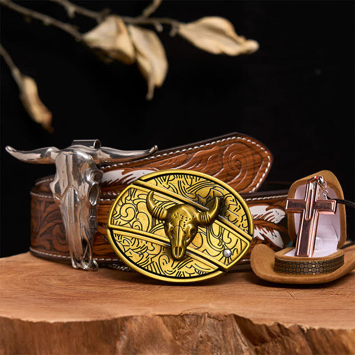 Conjunto de collar y hebilla de cinturón con cruz y cuchillo oculto de bronce de toro - Toro de bronce - Cinturón de plumas marrones - 40 - image 1