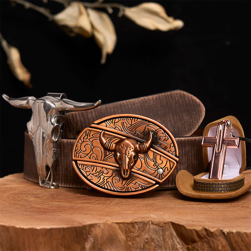 Conjunto de collar y hebilla de cinturón con cruz y cuchillo oculto de bronce rojo de Toro - Toro de Bronce Rojo - Cinturón marrón desgastado - 42 - image 6