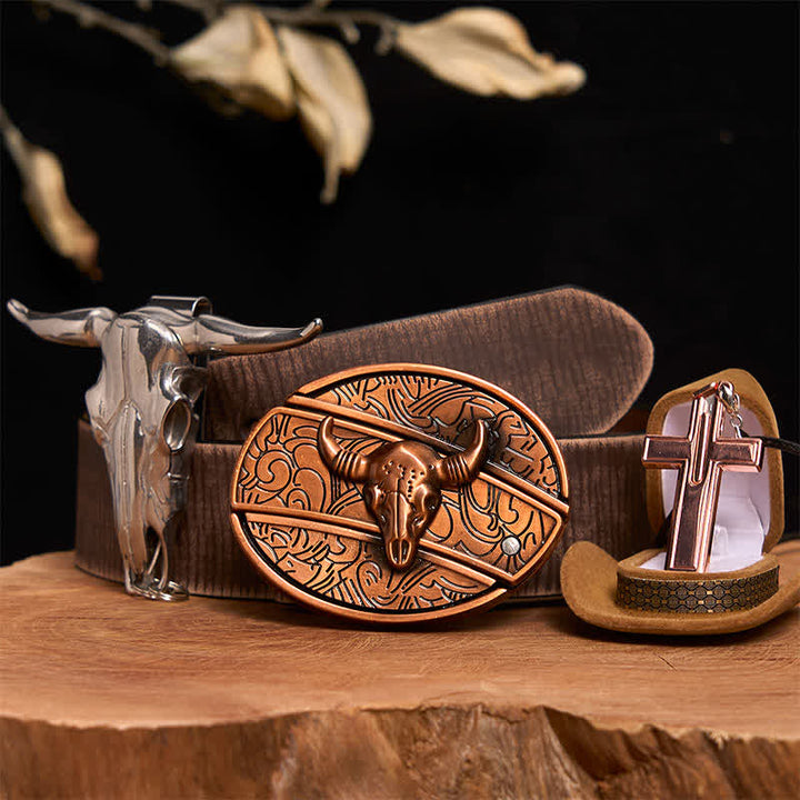 Conjunto de collar y hebilla de cinturón con cruz y cuchillo oculto de bronce rojo de Toro - Toro de Bronce Rojo - Cinturón marrón desgastado - 42 - image 6