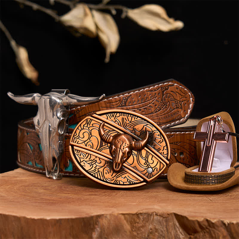 Conjunto de collar y hebilla de cinturón con cruz y cuchillo oculto de bronce rojo de Toro - Toro de Bronce Rojo - Cinturón tallado en turquesa - 42 - image 4