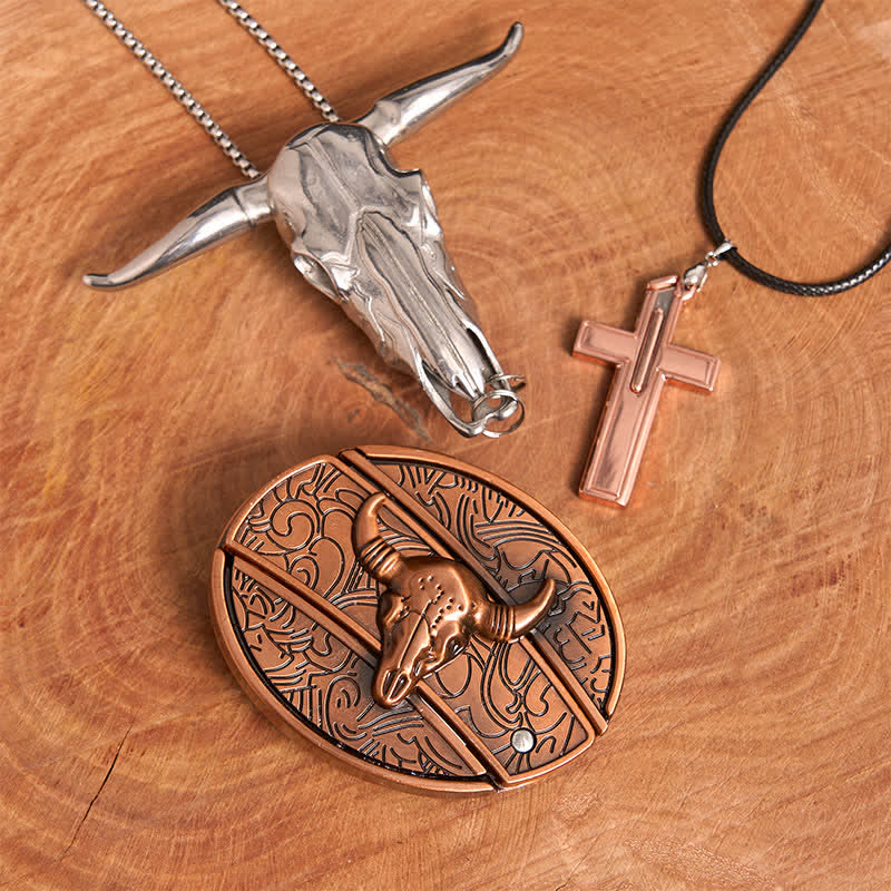 Conjunto de collar y hebilla de cinturón con cruz y cuchillo oculto de bronce rojo de Toro - Toro de Bronce Rojo - Sin cinturón - No incluye cinturón - image 1