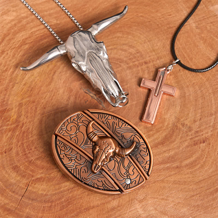 Conjunto de collar y hebilla de cinturón con cruz y cuchillo oculto de bronce rojo de Toro - Toro de Bronce Rojo - Sin cinturón - No incluye cinturón - image 1