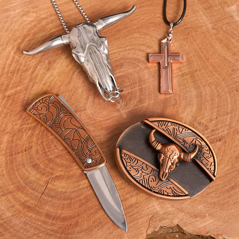 Conjunto de collar y hebilla de cinturón con cruz y cuchillo oculto de bronce rojo de Toro - image 3