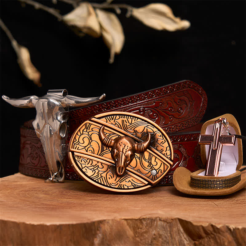 Conjunto de collar y hebilla de cinturón con cruz y cuchillo oculto de bronce rojo de Toro - Toro de Bronce Rojo - Cinturón tallado marrón - 42 - image 7