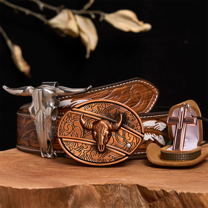 Conjunto de collar y hebilla de cinturón con cruz y cuchillo oculto de bronce rojo de Toro - Toro de Bronce Rojo - Cinturón de plumas marrones - 40 - image 1
