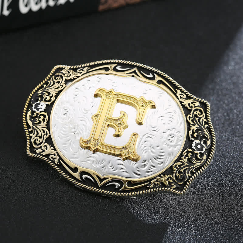 Cinturón de cuero con hebilla de letra inicial retro DIY en negro dorado - E - Sin cinturón - image 7