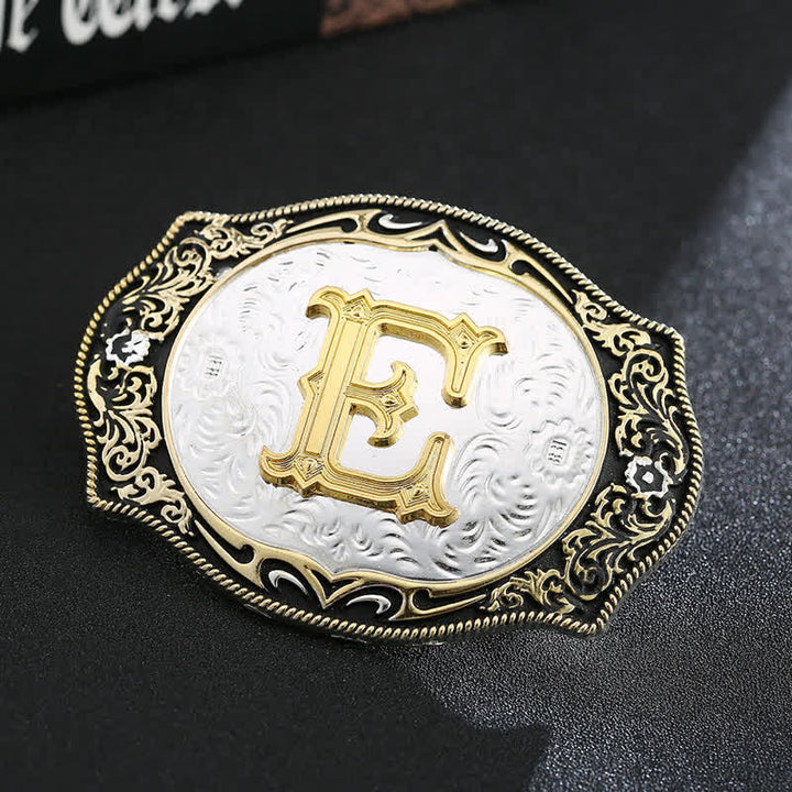 Cinturón de cuero con hebilla de letra inicial retro DIY en negro dorado - E - Sin cinturón - image 7
