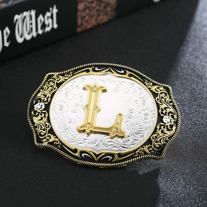 Cinturón de cuero con hebilla de letra inicial retro DIY en negro dorado - L - Sin cinturón - image 14