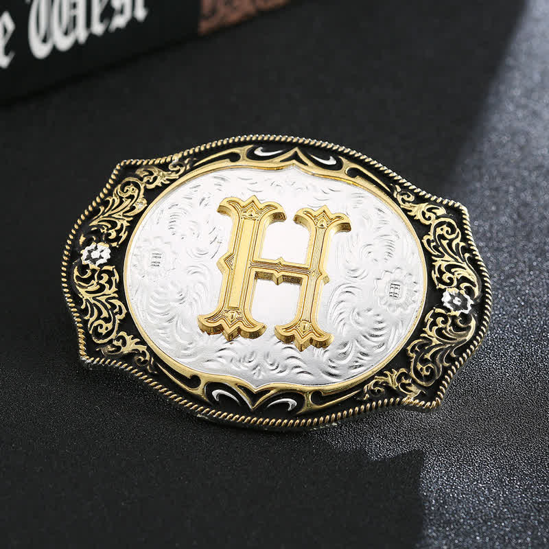 Cinturón de cuero con hebilla de letra inicial retro DIY en negro dorado - H - Sin cinturón - image 10