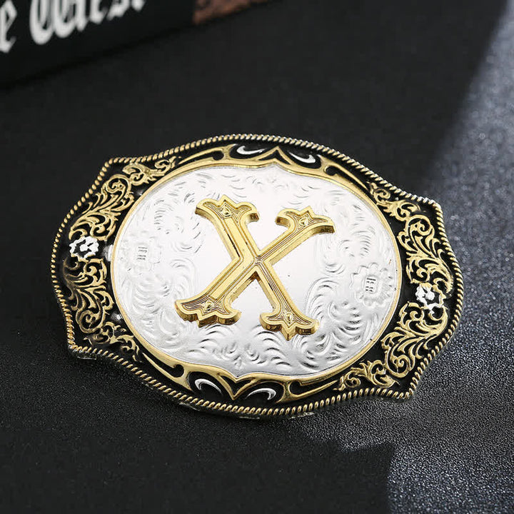 Cinturón de cuero con hebilla de letra inicial retro DIY en negro dorado - X - Sin cinturón - image 26