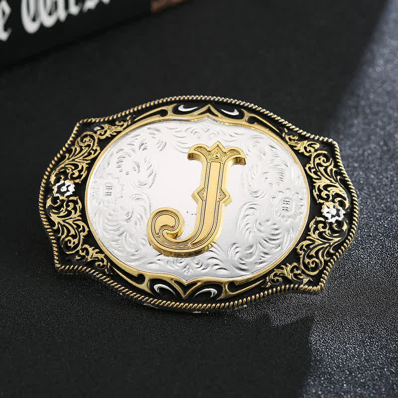 Cinturón de cuero con hebilla de letra inicial retro DIY en negro dorado - J - Sin cinturón - image 12