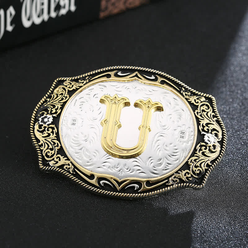 Cinturón de cuero con hebilla de letra inicial retro DIY en negro dorado - U - Sin cinturón - image 23