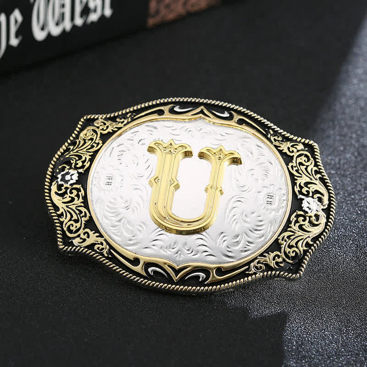 Cinturón de cuero con hebilla de letra inicial retro DIY en negro dorado - U - Sin cinturón - image 23