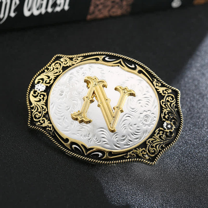 Cinturón de cuero con hebilla de letra inicial retro DIY en negro dorado - N - Sin cinturón - image 16