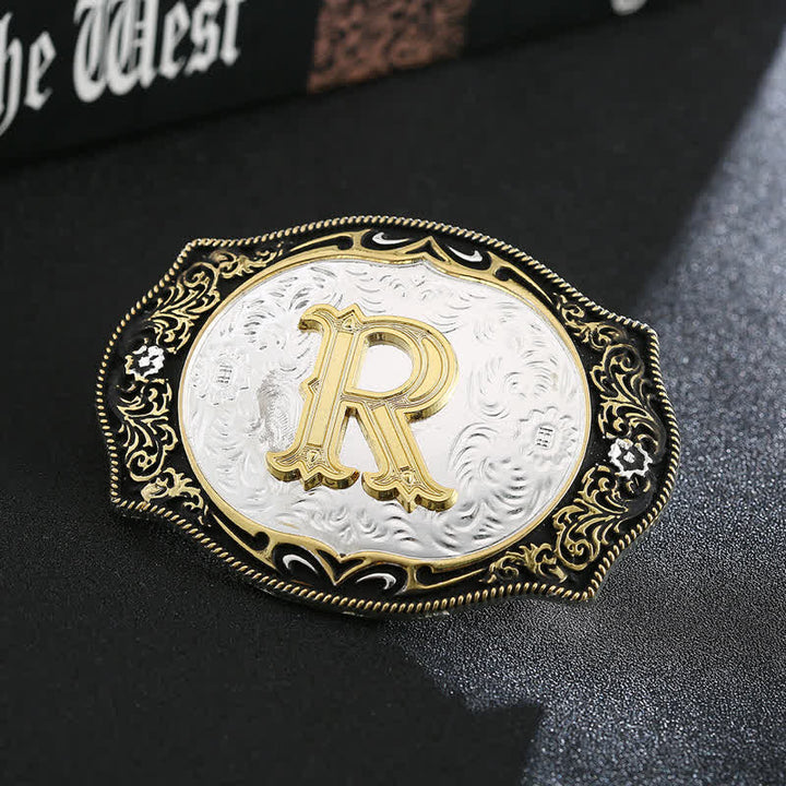 Cinturón de cuero con hebilla de letra inicial retro DIY en negro dorado - R - Sin cinturón - image 20