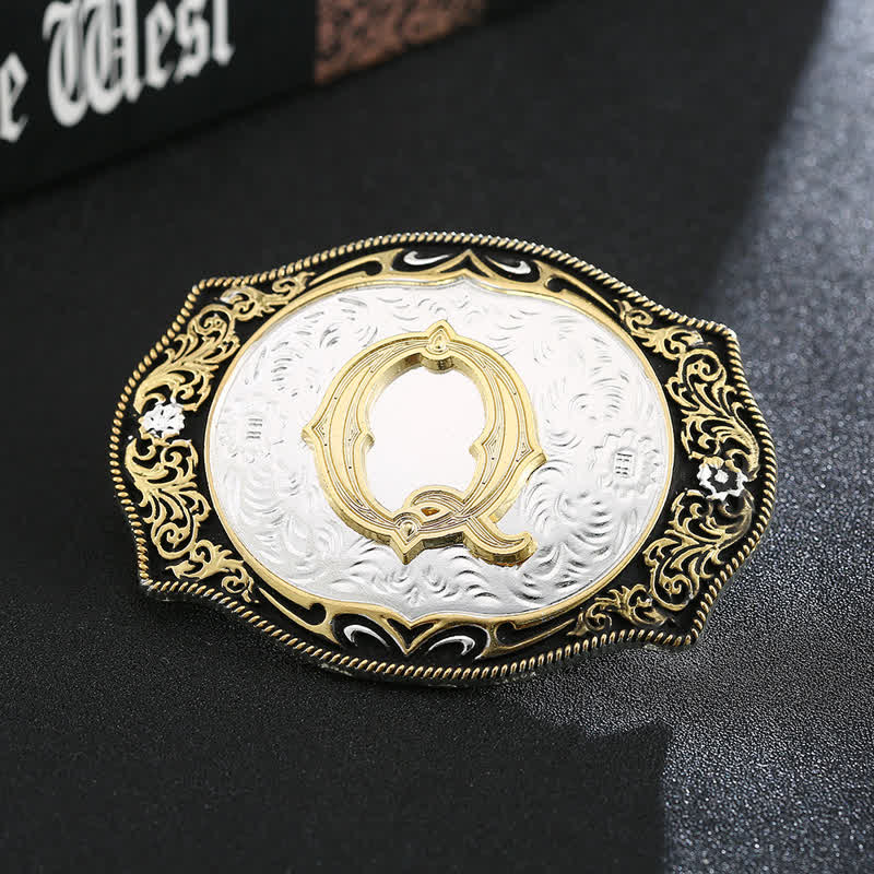 Cinturón de cuero con hebilla de letra inicial retro DIY en negro dorado - Q - Sin cinturón - image 19