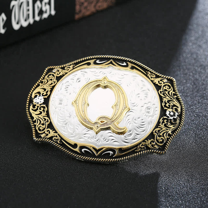 Cinturón de cuero con hebilla de letra inicial retro DIY en negro dorado - Q - Sin cinturón - image 19