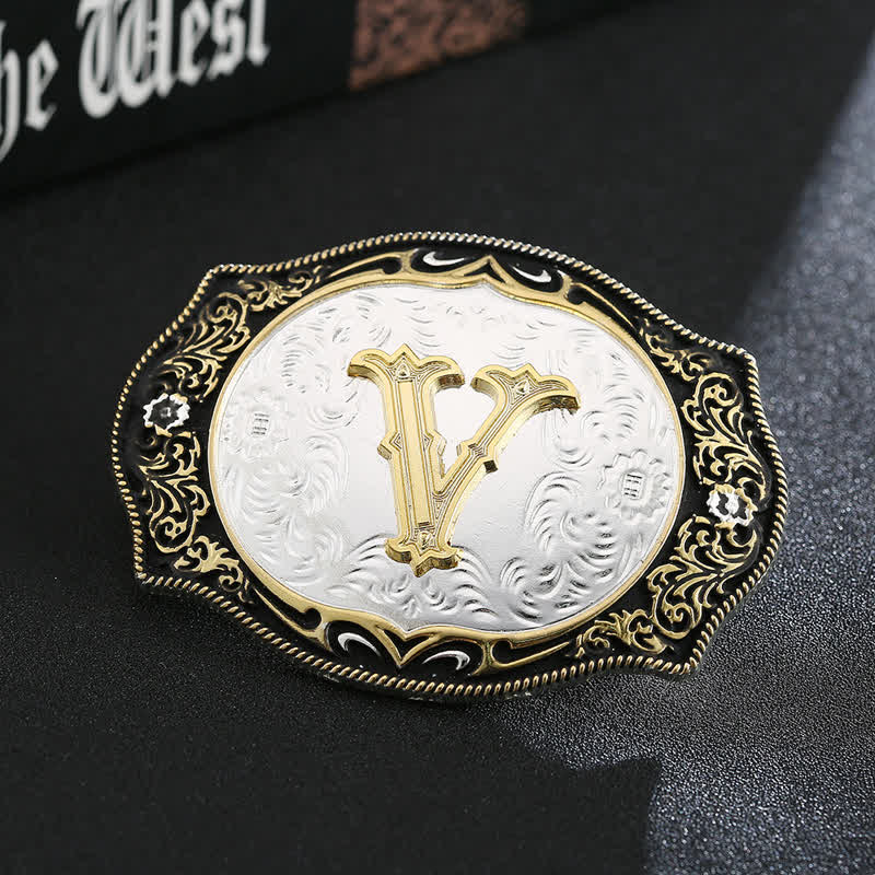 Cinturón de cuero con hebilla de letra inicial retro DIY en negro dorado - V - Sin cinturón - image 24