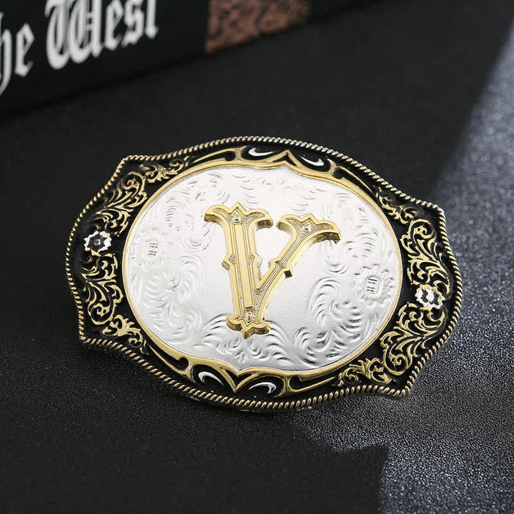 Cinturón de cuero con hebilla de letra inicial retro DIY en negro dorado - V - Sin cinturón - image 24