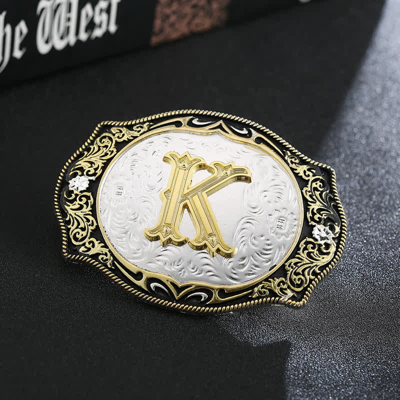 Cinturón de cuero con hebilla de letra inicial retro DIY en negro dorado - K - Sin cinturón - image 13