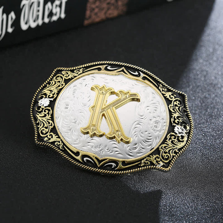 Cinturón de cuero con hebilla de letra inicial retro DIY en negro dorado - K - Sin cinturón - image 13