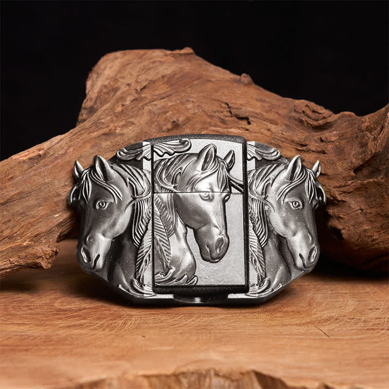Cinturón de cuero con tres caballos plateados para hombre, hecho a mano, con encendedor oculto - Caballos triples - Sin cinturón - Cinturón no incluido - image 1
