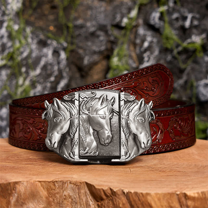 Cinturón de cuero con tres caballos plateados para hombre, hecho a mano, con encendedor oculto - Caballos triples - Cinturón tallado marrón - 42 - image 7