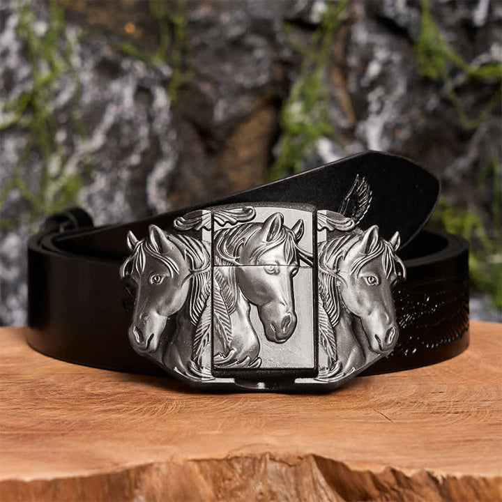 Cinturón de cuero con tres caballos plateados para hombre, hecho a mano, con encendedor oculto - Caballos triples - Cinturón de águila negra en relieve - 42 - image 3