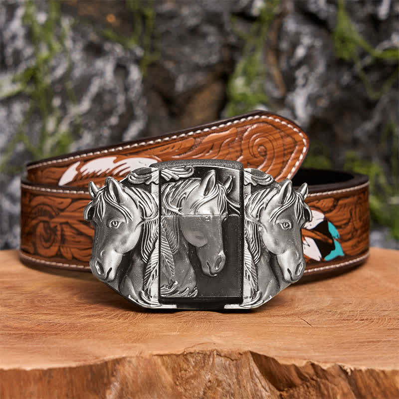 Cinturón de cuero con tres caballos plateados para hombre, hecho a mano, con encendedor oculto - Caballos triples - Cinturón de plumas marrones - 40 - image 8