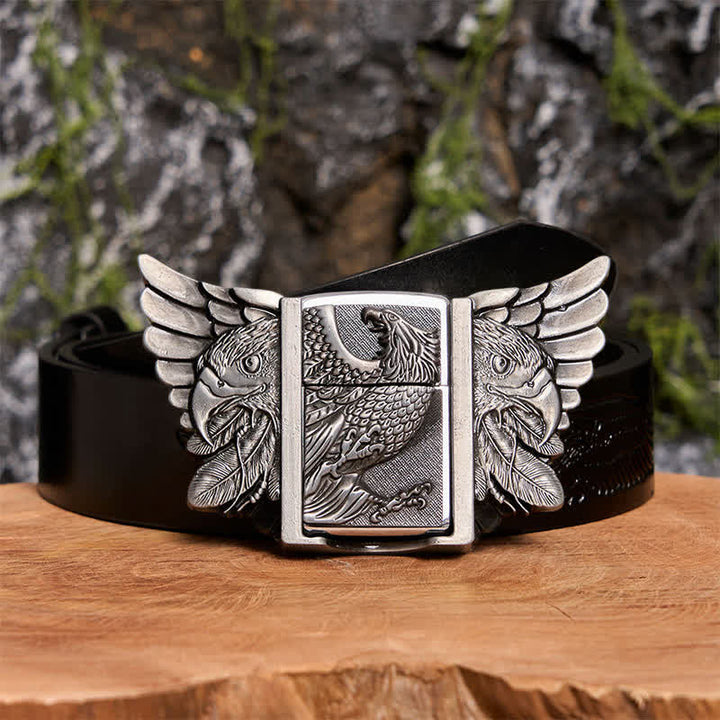 Cinturón de piel de buitre plateada para hombre con encendedor oculto - Buitre - Cinturón de águila negra en relieve - 42 - image 3