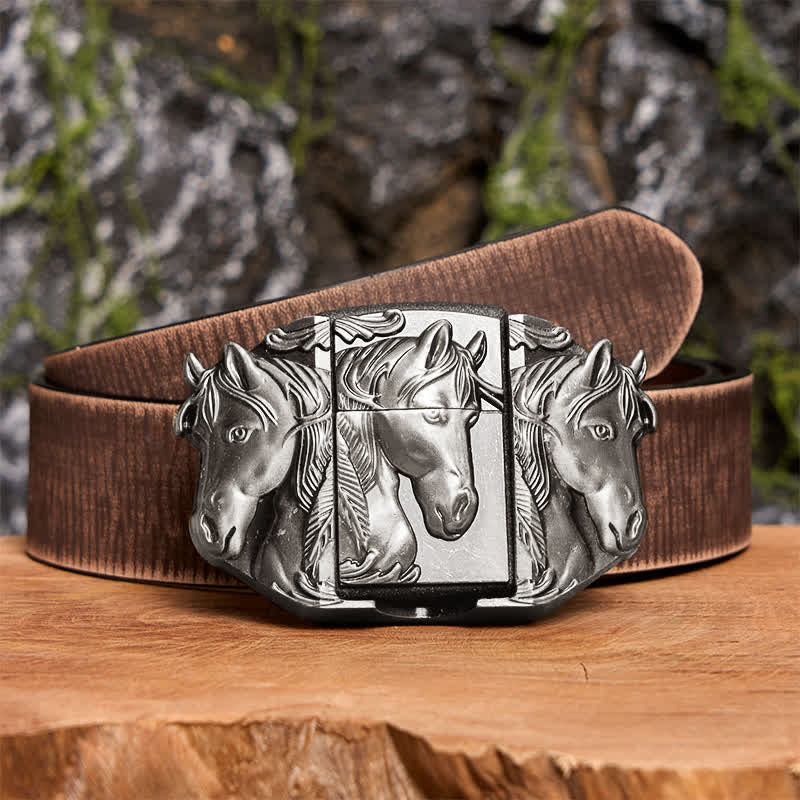 Cinturón de cuero con tres caballos plateados para hombre, hecho a mano, con encendedor oculto - Caballos triples - Cinturón marrón desgastado - 42 - image 6