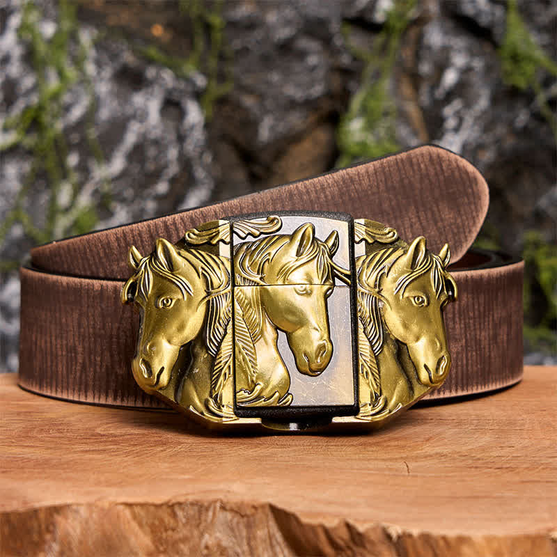 Cinturón de cuero de tres caballos de bronce para hombre con encendedor oculto - Caballos triples - Cinturón marrón desgastado - 42 - image 9