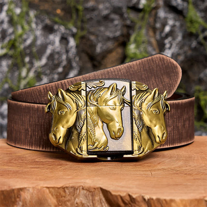 Cinturón de cuero de tres caballos de bronce para hombre con encendedor oculto - Caballos triples - Cinturón marrón desgastado - 42 - image 9