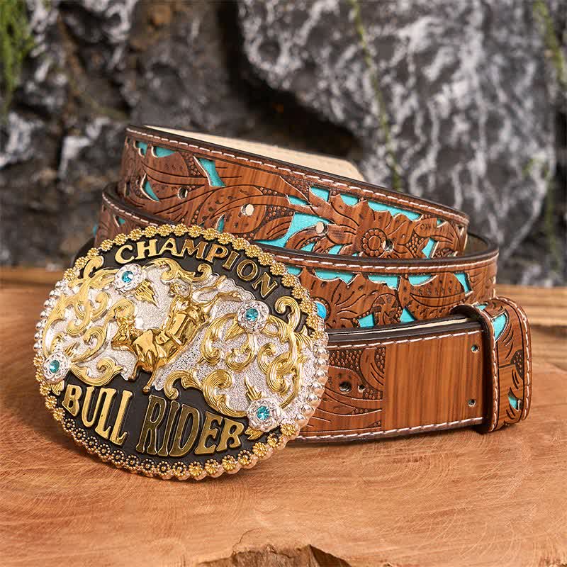 Cinturón de cuero con hebilla grande para hombre, hecho a mano, con diseño de Toro Dorado y Jinete de Toro Campeón - Toro de Oro - Cinturón tallado en turquesa - 42 - image 2