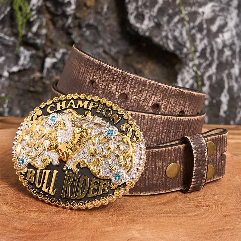 Cinturón de cuero con hebilla grande para hombre, hecho a mano, con diseño de Toro Dorado y Jinete de Toro Campeón - Toro de Oro - Cinturón marrón desgastado - 42 - image 4
