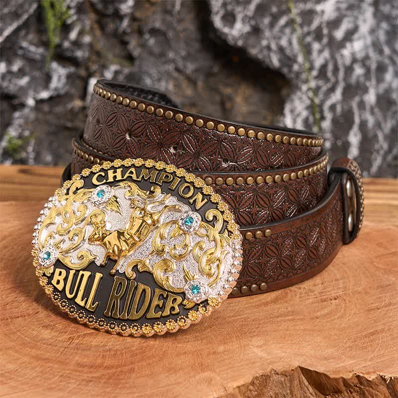 Cinturón de cuero con hebilla grande para hombre, hecho a mano, con diseño de Toro Dorado y Jinete de Toro Campeón - Toro de Oro - Cinturón con remaches marrones - 42 - image 3