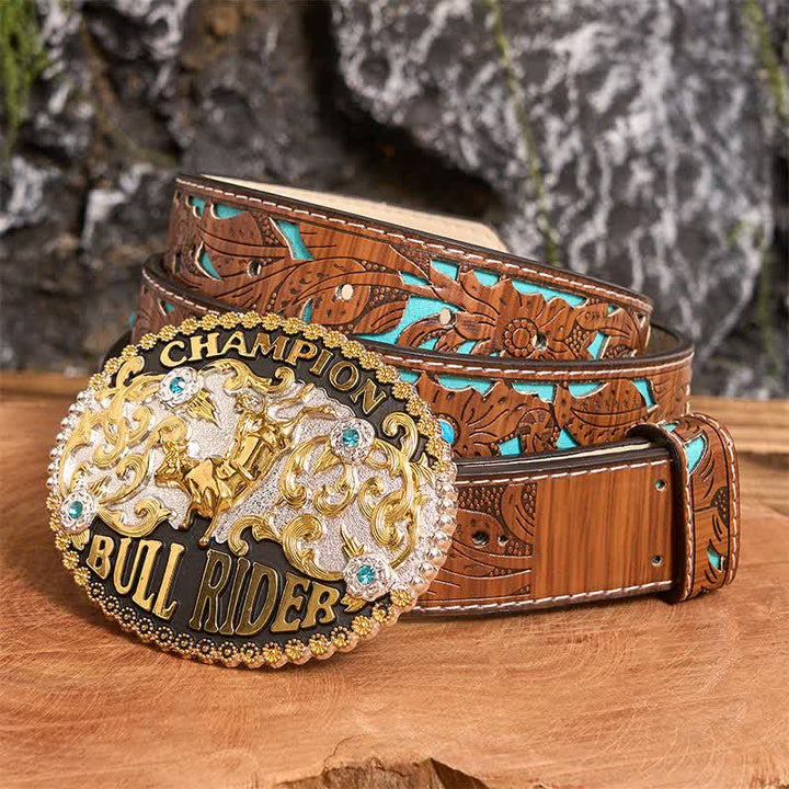 Cinturón de cuero con hebilla grande para hombre, hecho a mano, con diseño de toro dorado y jinete de toros - Toro de Oro - Cinturón tallado en turquesa - 42 - image 1