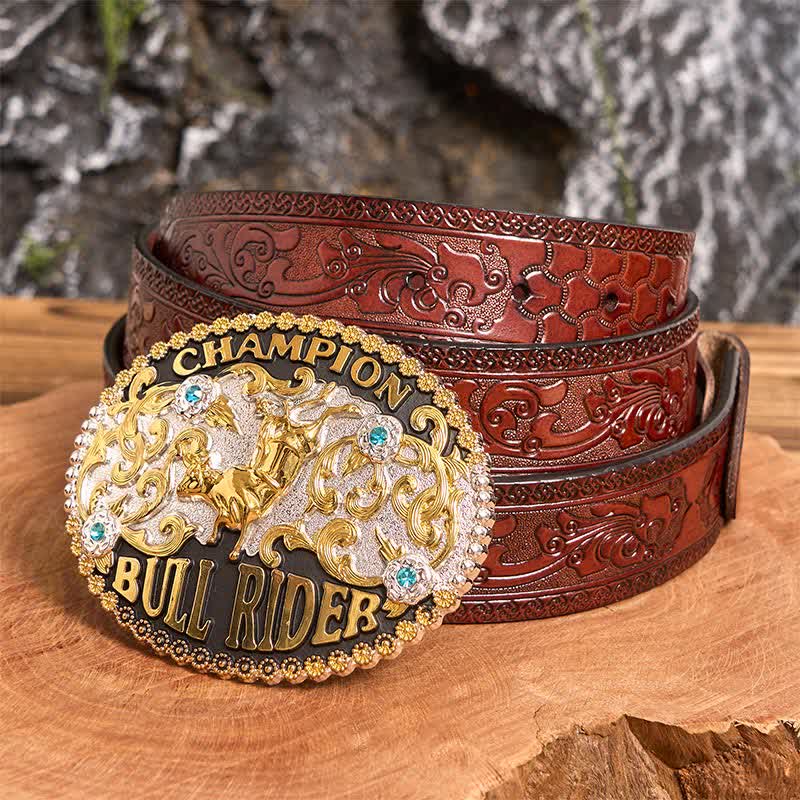 Cinturón de cuero con hebilla grande para hombre, hecho a mano, con diseño de Toro Dorado y Jinete de Toro Campeón - Toro de Oro - Cinturón tallado marrón - 42 - image 5