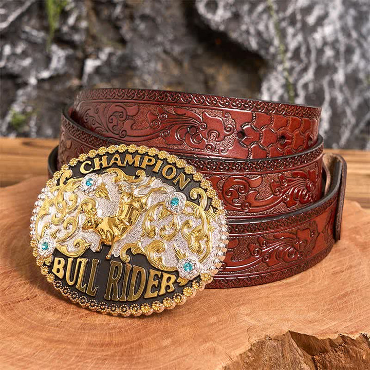 Cinturón de cuero con hebilla grande para hombre, hecho a mano, con diseño de Toro Dorado y Jinete de Toro Campeón - Toro de Oro - Cinturón tallado marrón - 42 - image 5