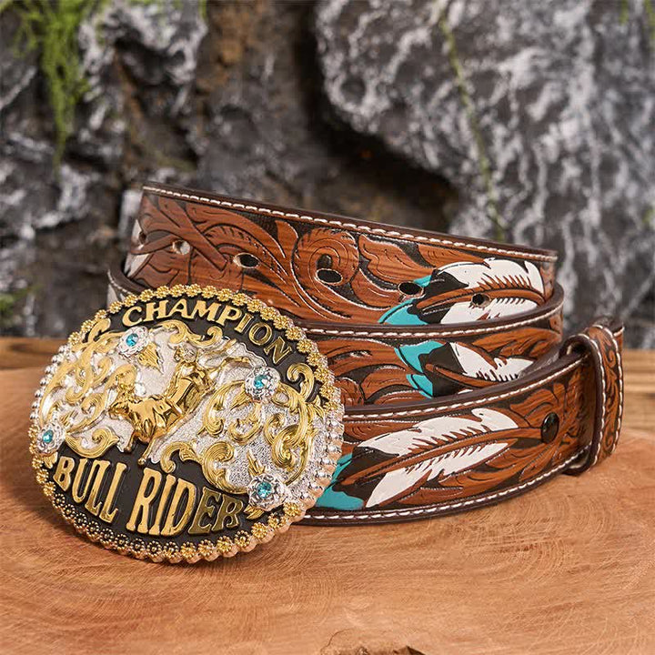 Cinturón de cuero con hebilla grande para hombre, hecho a mano, con diseño de Toro Dorado y Jinete de Toro Campeón - Toro de Oro - Cinturón de plumas marrones - 40 - image 6