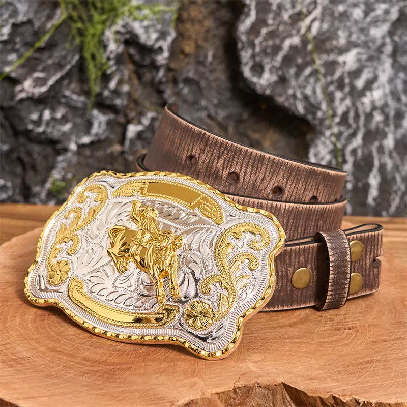 Cinturón de cuero con hebilla de vaquero occidental para montar a caballo dorado - Montar a caballo - Cinturón marrón desgastado - 42 - image 7
