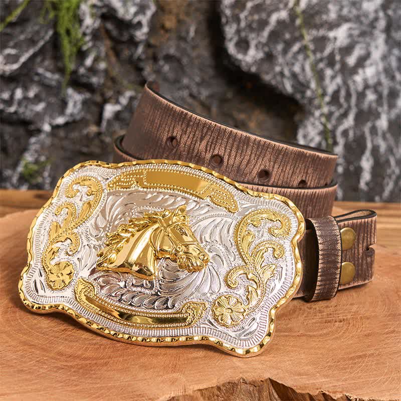 Cinturón de cuero con hebilla de vaquero occidental, hecho a mano, con cabeza de caballo dorada - Cabeza de caballo - Cinturón marrón desgastado - 42 - image 6