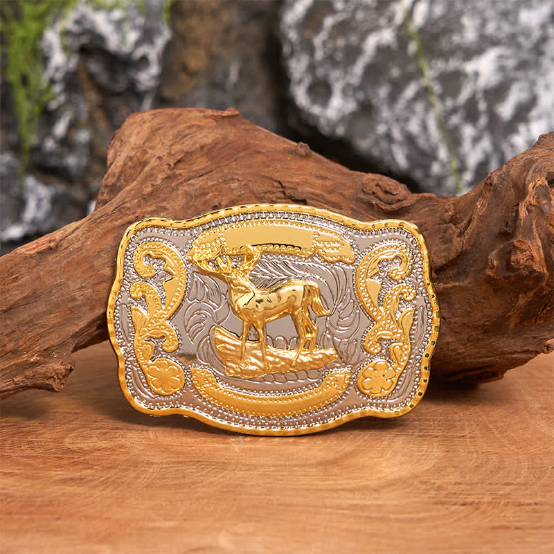 Cinturón de cuero con hebilla vaquera del oeste, hecho a mano, con ciervo dorado - Ciervo - Sin cinturón - Cinturón no incluido - image 1
