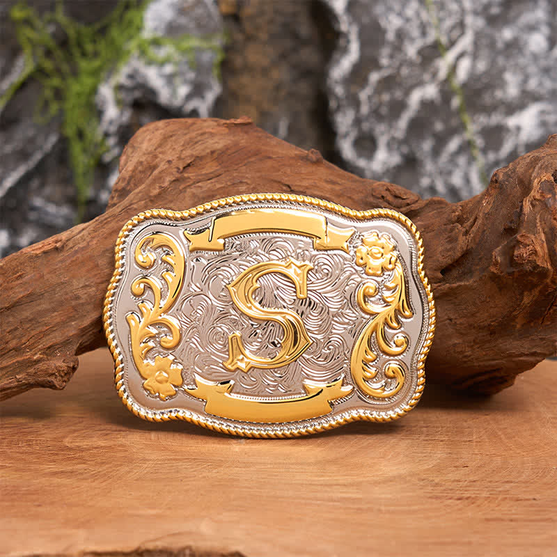 Cinturón de cuero con hebilla de letra inicial del oeste, dorado y plateado, hecho a mano - S - Sin cinturón - image 1