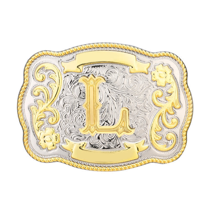 Cinturón de cuero con hebilla de letra inicial del oeste, dorado y plateado, hecho a mano - L - Sin cinturón - image 12