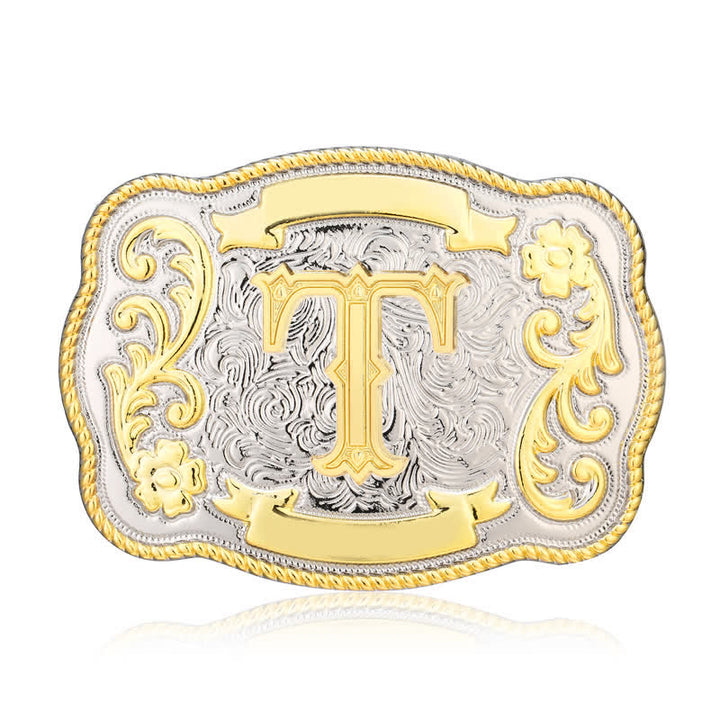 Cinturón de cuero con hebilla de letra inicial del oeste, dorado y plateado, hecho a mano - T - Sin cinturón - image 19