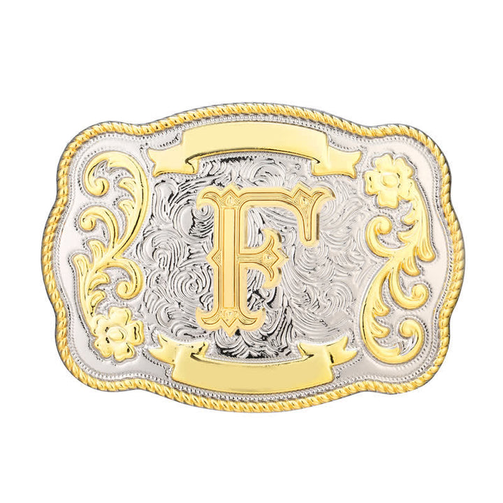 Cinturón de cuero con hebilla de letra inicial del oeste, dorado y plateado, hecho a mano - F - Sin cinturón - image 6